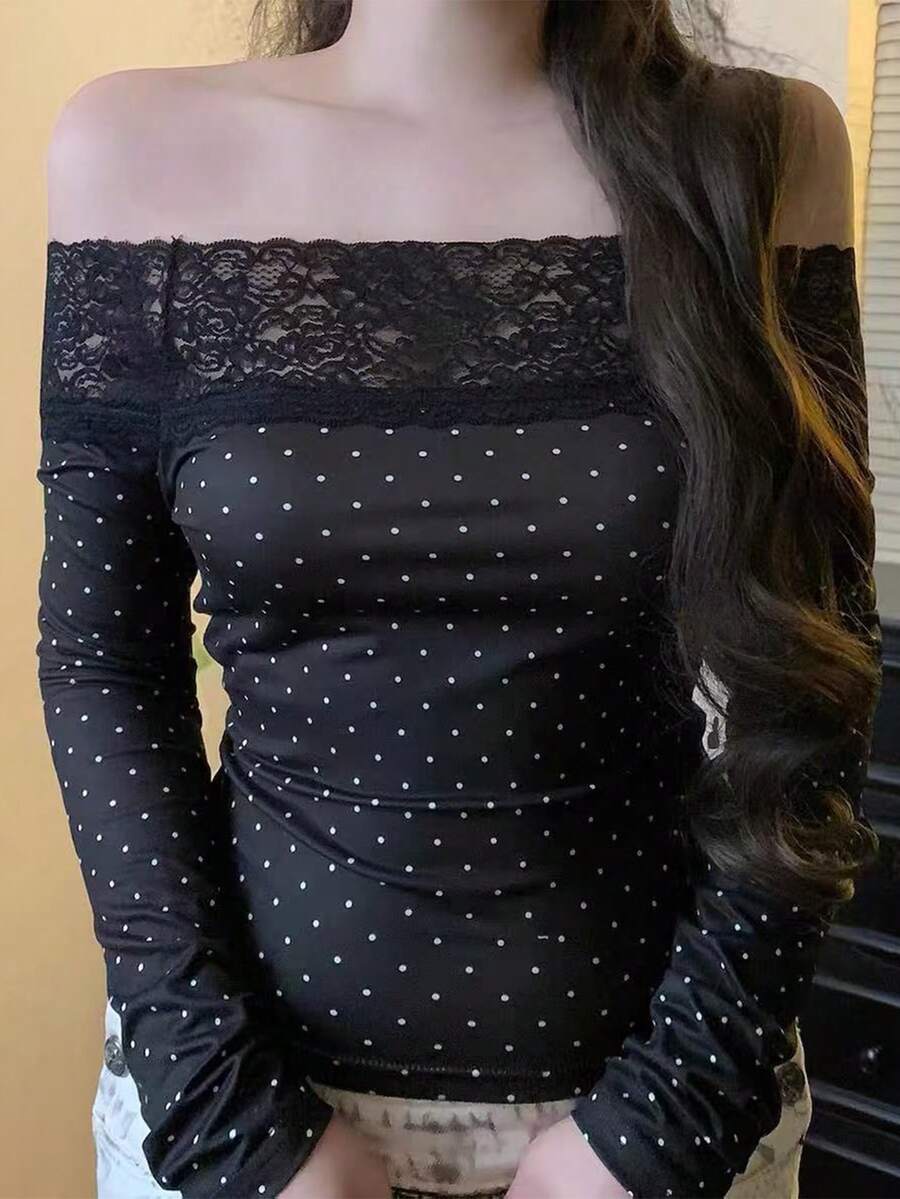 SCARLUX Fall Winter Women Y2K Polka Dot Long Sleeve Top, Lace Trim Off‑Shoulder Fitted Tee For Back To School, Street, Daily Commute - Black - View 1