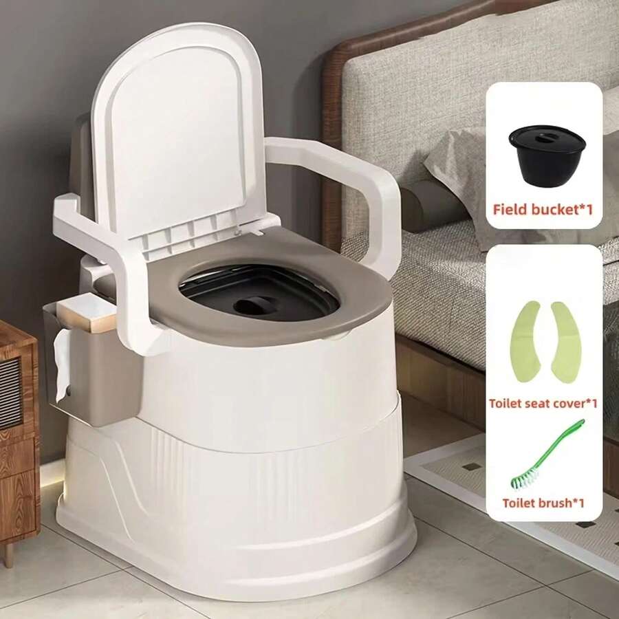 1pc Heavy-Duty PP Portable Commode Toilet, Anti-Slip Odor Resistant Easy-Clean Square Bedside Chair White Brown, Comes With Armrests Lid Tissue Holder Detachable Inner Bucket Seat Cover & Cleaning Brush, No Assembly Needed For Elderly Pregnant Campin - Khaki - View 1
