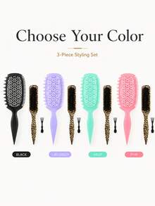 3PCS Hair Styling Brush Set, Curly Hair Detangling Brush, Wide Tooth Comb, Sectioning Tail Comb & Edge Brush Kit For Daily Hair Care, Wavy Curl Styling - Multi-color 3PC - View 9