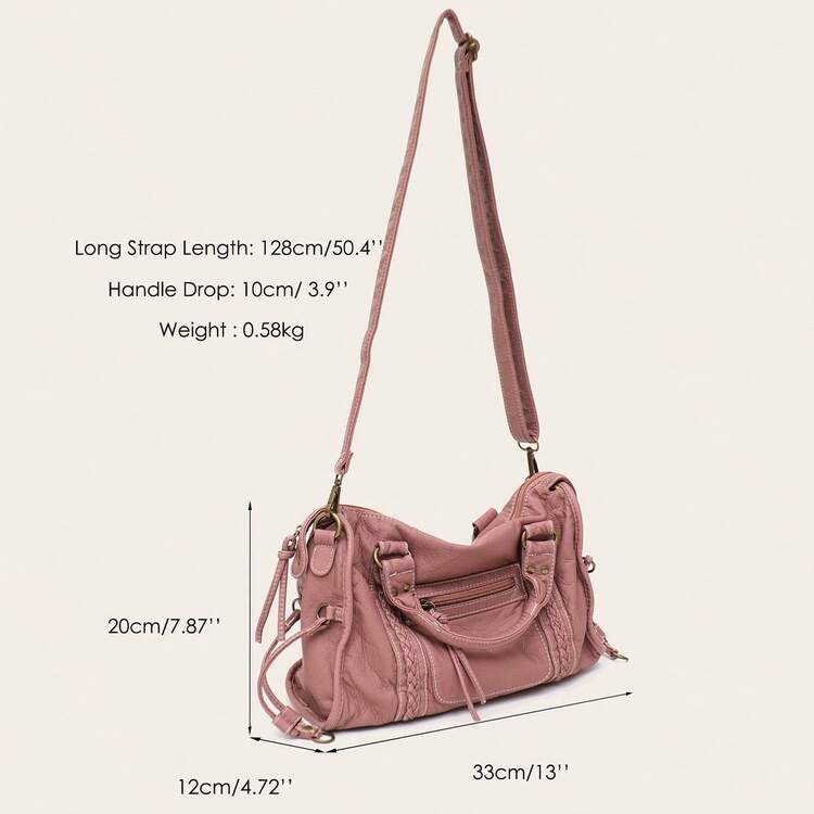 STEPHIECATHY Vintage Casual Cool Street Style Unisex Handbag, Soft Washed PU Leather, Zipper Closure, Zipper Pocket, Woven Decor, Large Capacity, Compact Size, Adjustable Long Shoulder Strap, Crossbody Shoulder Bag, Top Handle, Versatile For Women Daily, College, Commute, Travel - Multicolor - View 5