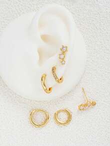 6pcs Simple Copper Zirconia Hoop Earrings Set For Women, Couples, Sisters, Vacation, Date, Gift, Daily Wear - Yellow Gold - View 4