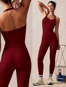 Women's Halter Neck Ruched Sports Tank Top & High Waist Seamless Yoga Pants, 2-Piece Fitness Set - Red - View 2