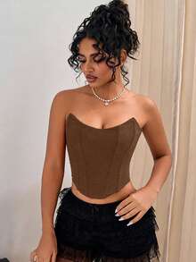 Women's Retro Strapless Sheer Mesh Corset Crop Top With Drawstring, Sexy Brown Summer - Brown - View 6