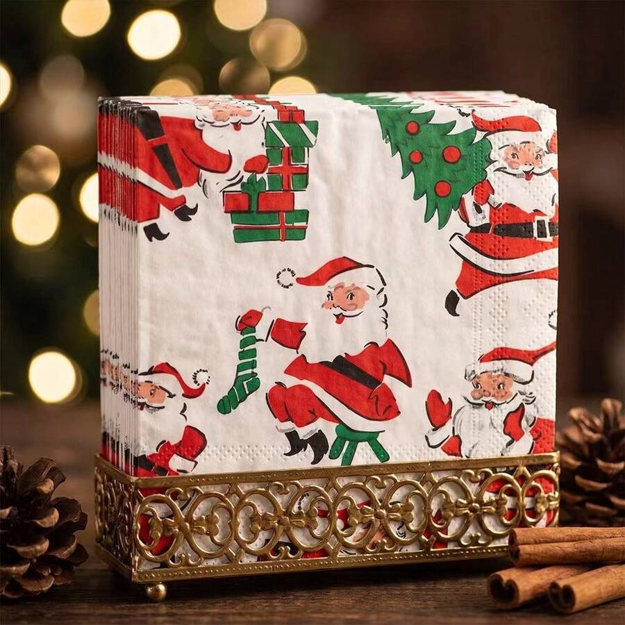 20/40/60pcs Funny Santa Claus Paper Napkins, Vintage Red Santa Claus & Gift Pattern, Disposable Napkins For Christmas Holiday Party Table Decor - Santa Claus - View 1