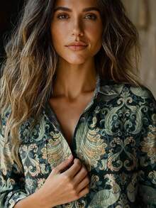 YI XUAN Camisa de moda con estampado retro para mujer talla grande, diseño con bolsillo doble delantero, primavera - Verde - Ver 7