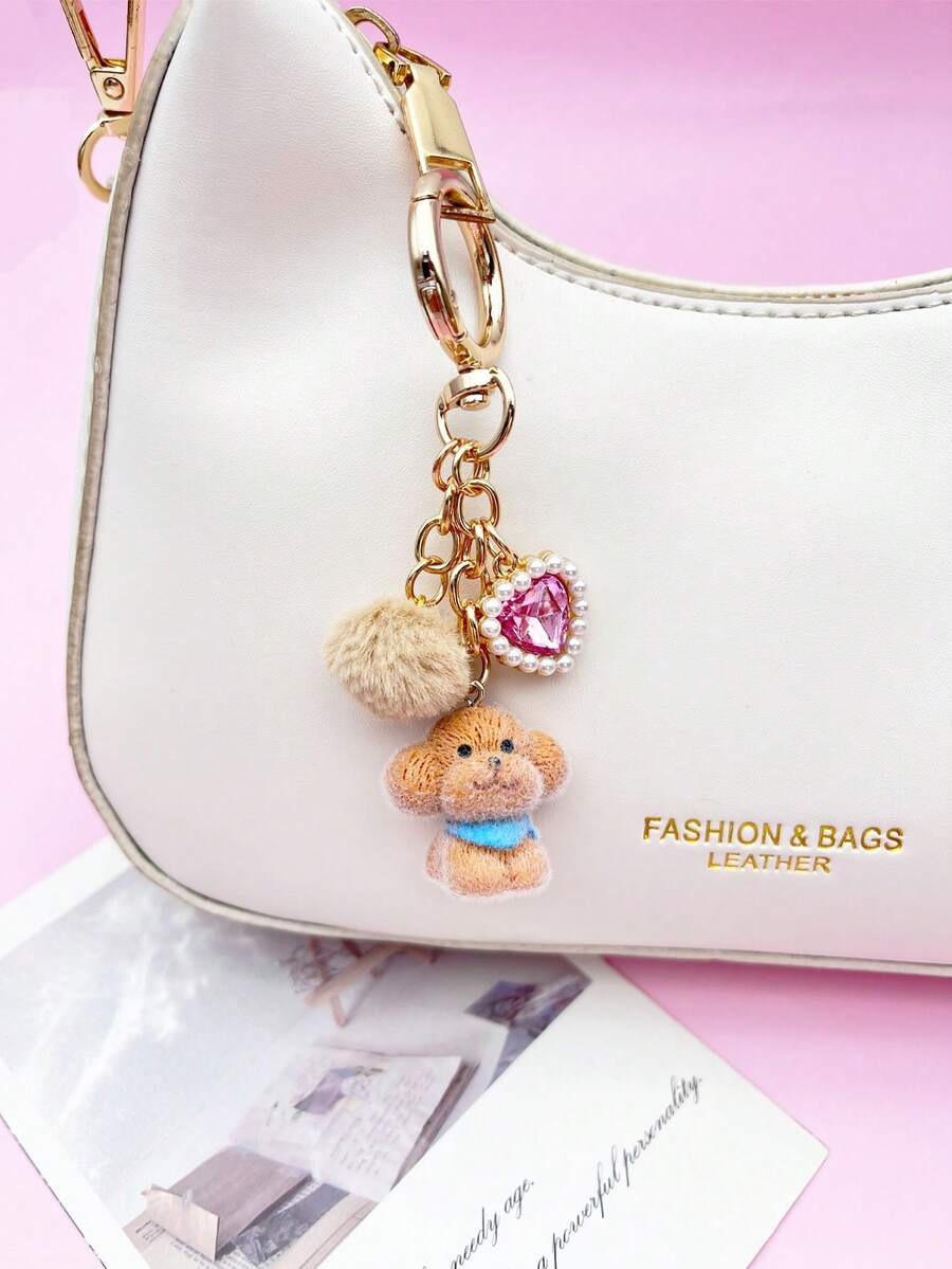 1pc/1set, Cute Puppy Bag Charm, Fashionable Minimalist Keychain Pendant, Charming Heart Fur Ball Bag Accessory, Women's Bag Decoration, Wallet Pendant, Shoulder Bag Accessory, Phone Room Decor, Premium Small Item, Graduation Gift - Multicolor - View 1