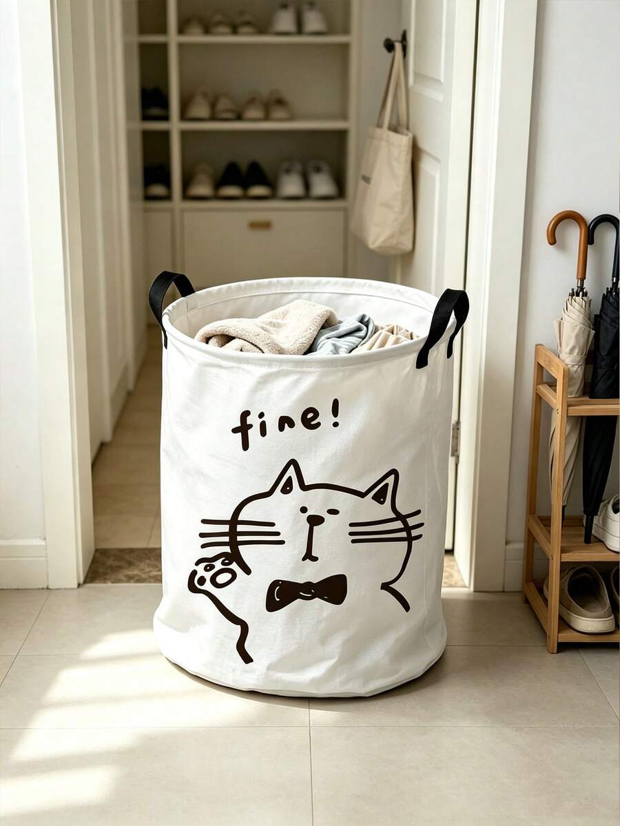 Cute Pig & Bear Print Fabric Storage Bin With Dual Black Handles, Large Capacity Foldable Design, Durable Wear-Resistant Fabric Material, Easy To Store And Organize, Suitable For Dirty Clothes, Dolls, Miscellaneous Items And Home Sundries, Ideal For Bedroom, Dormitory, Rental Home, Suitable For Homeowners And Students, Simple And Adorable Appearance, Aesthetic Placement, Convenient Access, Practical Home Storage Essential - Multicolor - View 1