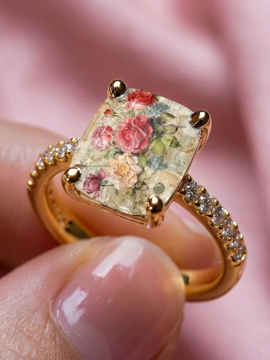 1pc Fashion Elegant Floral Print Ring, Versatile Finger Ring - Gold - View 1