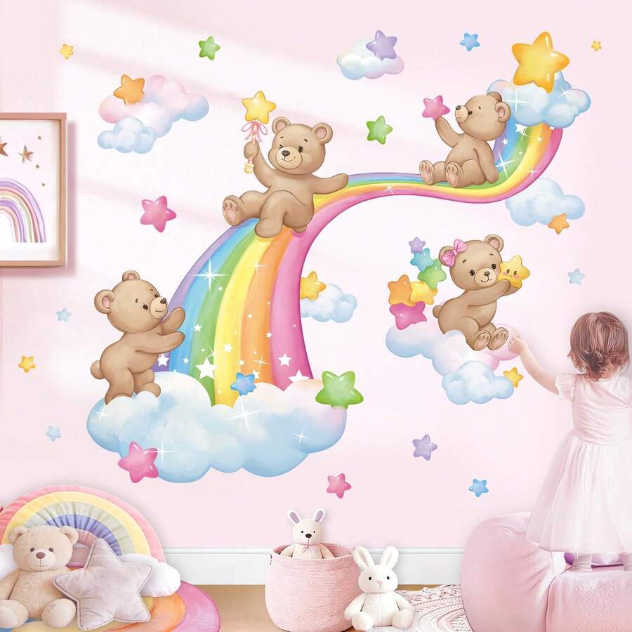 1PC 2D Rainbow Bear Cloud Star Wall Sticker, Self-Adhesive Removable Decorative Sticker - Multicolor - View 1