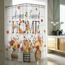 1pc Autumn Thanksgiving Print Shower Curtain, Abstract Vintage Polyester Fabric Shower Curtain, With 12 Hooks, Suitable For Bathroom Or Bathtub Decor - Multicolor - View 4