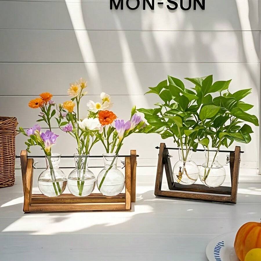 Multi-Tube Bulb Hydroponic Propagation Set With Wooden Stand, Suitable For Hydroponic Plants, Desktop Home Gardening, Wedding Decoration - Universal - View 1
