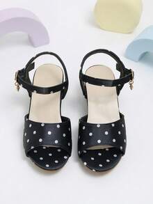 1 Pair Girls' Black Polka Dot Buckle Cute High Heel Sandals, Suitable For Party, Performance, Daily Wear, Shopping - Black - View 3