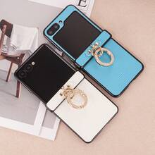 CHOKBODY Fashionable Luxurious Minimalist Lizard Pattern Faux Leather, With Hinge Protection, With Artificial Diamond Plated Ring Buckle Folding Phone Case, Compatible With Samsung Galaxy Z Flip 8, 7, 7FE, 6 Folding Phone Protective Cover - White - View 3