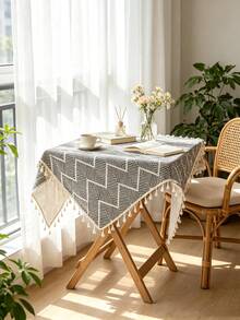 MineLain 1pc European Minimalist Grey Wavy Pattern Small Square Tablecloth, Beige Tassel Decoration, Bedside Table, Small Table Cover, Easy To Carry, Tabletop Decor, Room Decor, Daily Home Decor, Suitable For Bedroom, Living Room, Study, Picnic, Camping, Outdoor Decor, All Season, Autumn Decor - Grey - View 6