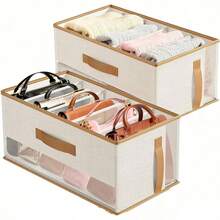 Handbag Storage Organizer Box With Transparent Window And Leather Handle, Fabric Divided Storage Bin, Multi-Compartment Closet Bag Organizer, Suitable For Handbags And Mini Bags - Multicolor - View 9