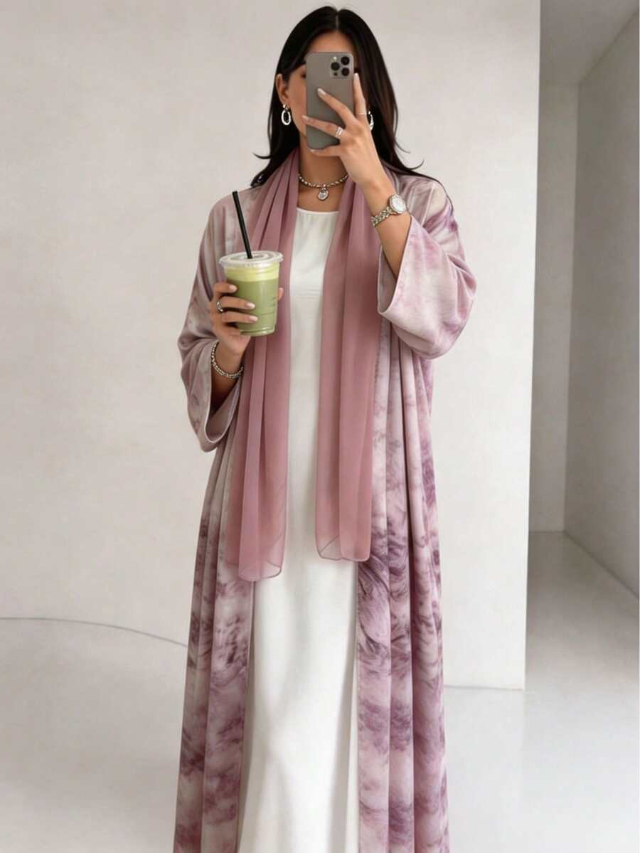 Set Abaya + Hijab Terbuka Depan, Abaya Gaya Kimono Lengan Panjang Longgar Elegan, Busana Muslimah Sopan Gaya Dubai - MultiWarna - View 1