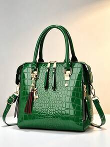 Tas Tangan Wanita Motif Buaya Mengkilap Kulit Paten Hijau dengan Pegangan Atas, Tas Selempang Bahu yang Dapat Dilepas dengan Liontin Rumbai - Hijau - View 12