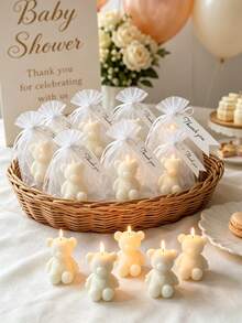12/6/1 Set - Bear Wearing Heart Sweater Themed Aromatherapy Candle Baby Shower Party Favor Set, Animal Candles (Includes Organza Bag & Thank You Tag), Handmade Mini Cute Bear, Suitable For Baby Shower Gifts, Gender Reveal Party, Baby Shower Party Favors (White) - Multicolor - View 9