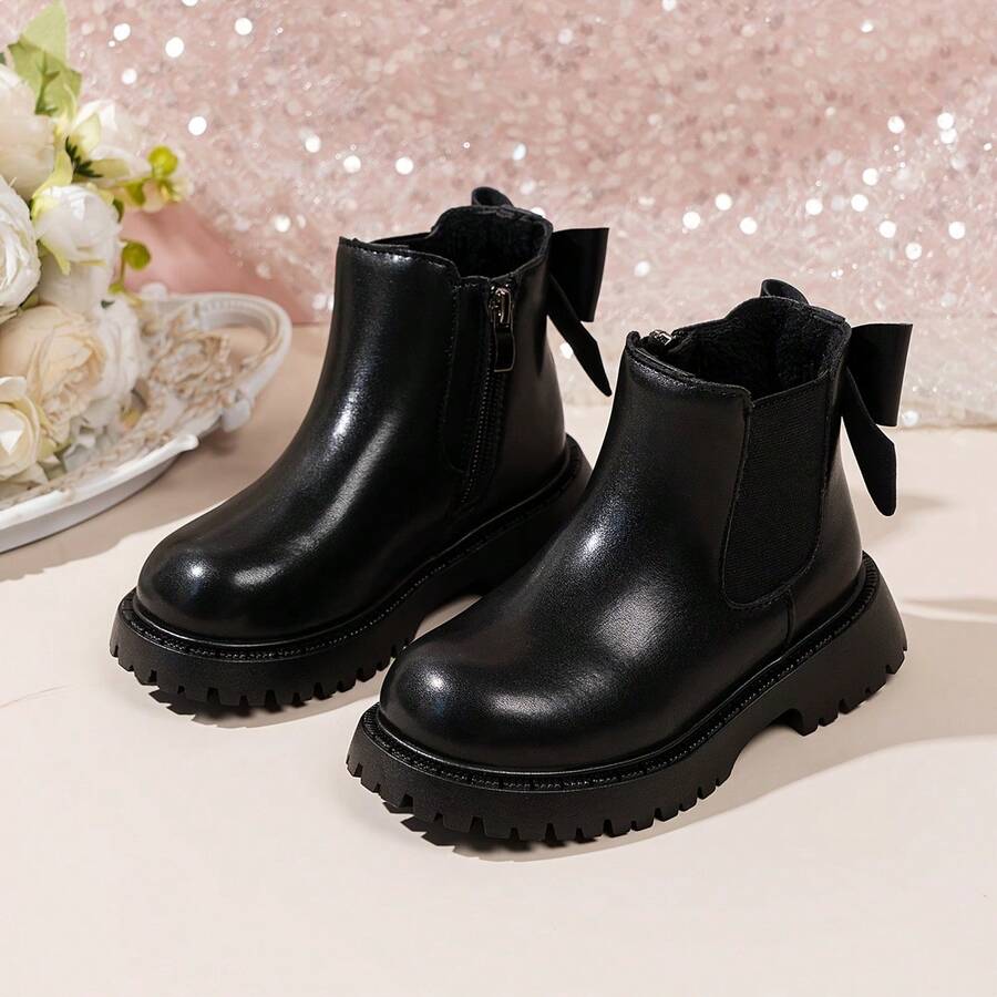 Girls' PU Leather Chelsea Ankle Boots With Bow & Rhinestone Back Decor, Side Zipper, Non-Slip Thick Sole, Suitable For Daily Wear, School, Party, Wedding - Black - View 1