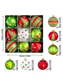12pcs/Set Christmas Shatterproof Ball Ornament Set, 6cm Glitter Hanging Christmas Tree Balls, Red & Green Polka Dot Snowflake Christmas Tree Pattern Printed Pendants, Suitable For Holiday Party Home Fireplace Window Christmas Tree Decoration Gift - A - View 12