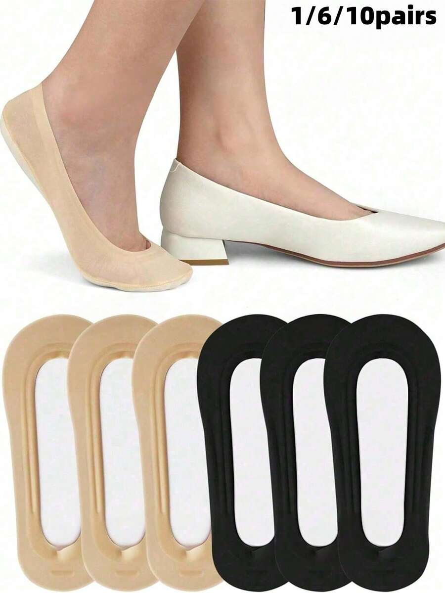 1/6/10 Pairs Women's Ultra Low-Cut Invisible Socks, Non-Slip Invisible Nylon Foot Socks, Suitable For Flats, Loafers, High Heels, Daily Wear - Multicolor - View 1