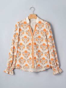 Acelitt Blus Kasual Gaya Bohemian Musim Semi/Panas, Kerah V, Motif Bunga Oranye, Lengan Panjang Ringan, Tenun, dengan Detail Kerut, Cocok untuk Pakaian Luar Sehari-hari - Jeruk - View 5