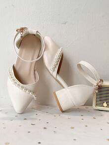 3-12 Years Old Girls Hollow Closed Toe Sandals Pearl Chunky High Heel Shoes For Hosting Runway Performance Princess Leather Shoes - Beige - View 4