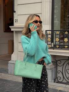 MORI Fall Winter Women Sweaters Elegant Casual Y2K Mint Green Asymmetrical Off Shoulder Fuzzy Long Sleeve Loose Knit Pullover Outfits - Mint Green - View 2