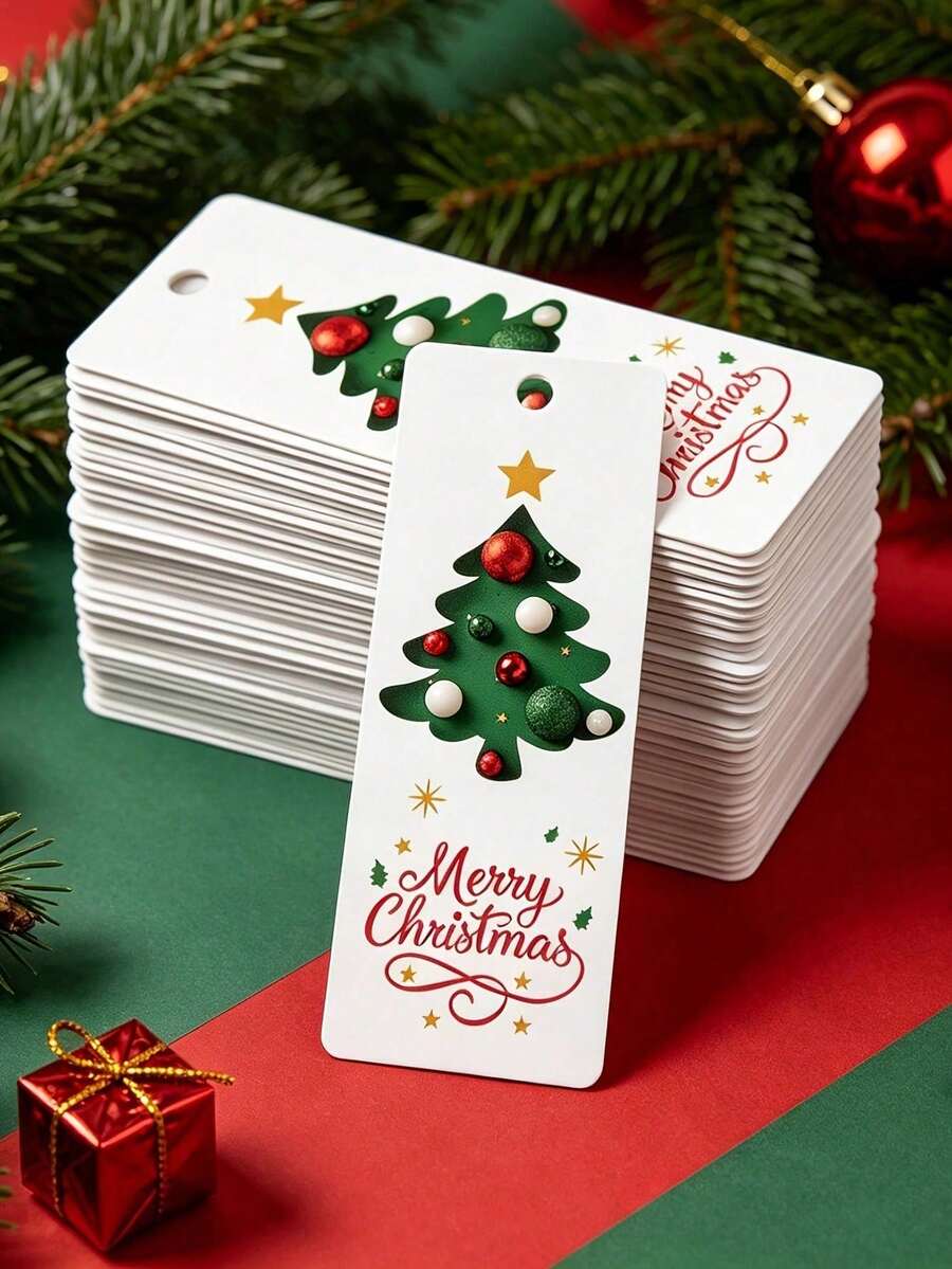 50/100pcs Merry Christmas Gift Hang Tags, Rectangle White Paper Tags With Christmas Tree, Star & Bauble Pattern, Xmas Decorative Label Cards With Pre-Punched Hole For Gift Wrap, Holiday Party, DIY Crafts - Multicolor - View 1