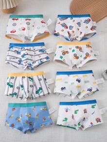 8pcs/Pack Young Boy Construction Vehicle Print Cartoon Underwear - Blue and White - View 2