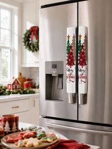 2pcs Christmas Refrigerator Handle Covers, Merry Christmas Letter & Leopard Print Plaid Christmas Tree Pattern Fridge Door Handle Covers, Christmas Kitchen Cabinet Microwave Handle Protectors, Christmas Home Kitchen Decor - Multicolor - View 4
