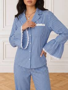 Women's Vintage Blue Striped Pajama Set, Lace Trim, Stand Collar And Ruffle Cuffs, Non-Stretch Fabric, 2 Pieces Loungewear - Blue and White - View 5