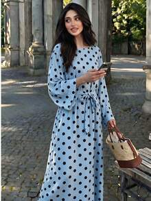 Polka Dot Long Dress With Flared Sleeves And Waist Tie Abaya, Suitable For Daily Wear - Multicolor - View 28