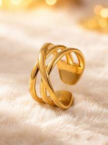 3pcs Open Adjustable Stainless Steel 18K Gold Plated Geometric Angel Wing Ring Set, Suitable For Daily Wear And Party Outfits - Gold - View 4