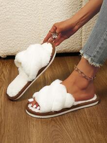 Women's Fuzzy Slippers, Soft And Fluffy, INS Style, Indoor Bedroom Slip-On Open Toe Warm Plush Slippers For Autumn/Winter - White - View 4