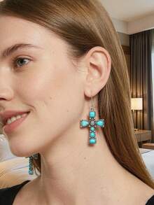 Turquoise Cross Decor Drop Earrings - Baby Blue - View 1