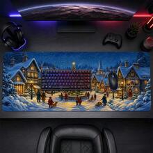 1pc Christmas Snowy Village And Tree Print XL Gaming Mouse Pad, Vintage Winter Night Keyboard Desk Mat, Holiday Desk Decor Gift - View 3
