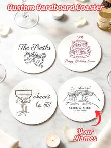 10/20/40/60/90/120/150/300pcs Personalized Cardboard Coasters Minimalist Line Art Custom Name & Date Drink Coasters Square/Round/Heart Shape Suitable For Wedding Reception, Bridal Shower, Birthday Dinner, Christmas Party Table Decor Favors - Multicolor 4 - View 1