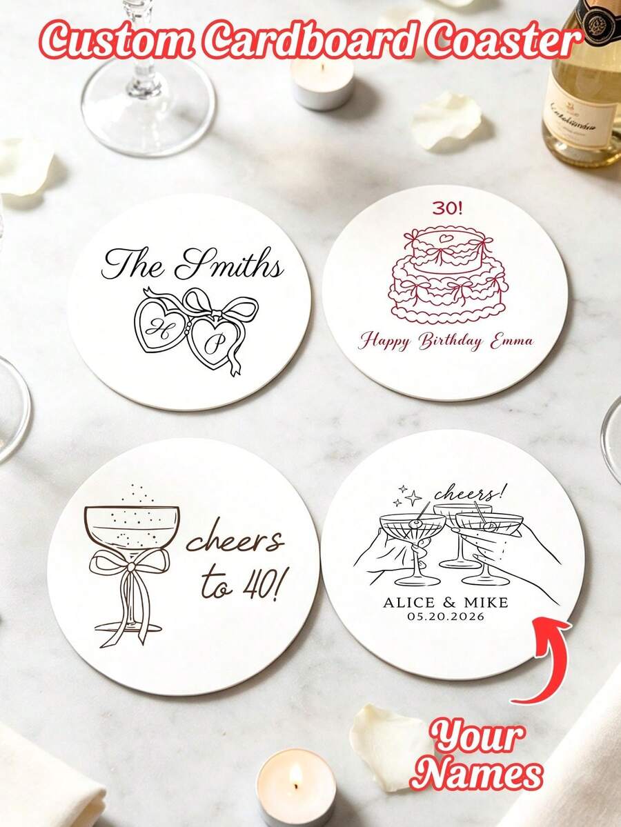 10/20/40/60/90/120/150/300pcs Personalized Cardboard Coasters Minimalist Line Art Custom Name & Date Drink Coasters Square/Round/Heart Shape Suitable For Wedding Reception, Bridal Shower, Birthday Dinner, Christmas Party Table Decor Favors - Multicolor 4 - View 1