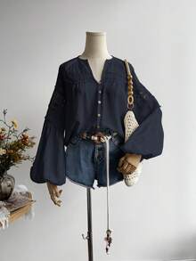 Rusttydustty Women's Standard Size Long Sleeve Blue Lace Blouse, Casual Vacation Bohemian Style, Suitable For Autumn - Navy Blue - View 5
