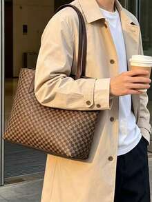Men's Vintage Checkered Tote Bag Large Capacity Business Briefcase Shoulder Bag Multifunctional Work Office Laptop Handbag For Daily Commute Travel - Brown - View 10