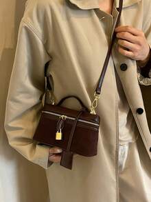 Women's Square Handbag, Phone & Lipstick Pouch, Fashionable Vintage Elegant Autumn/Winter PU Patchwork Coffee Color, Crossbody Shoulder Bag - Coffee - View 5