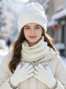Unisex 3-In-1 Winter Knit Set, Knit Hat, Scarf, Touchscreen Gloves, Elastic Warm Outdoor Cold-Proof Accessory Kit - Multicolor - View 1