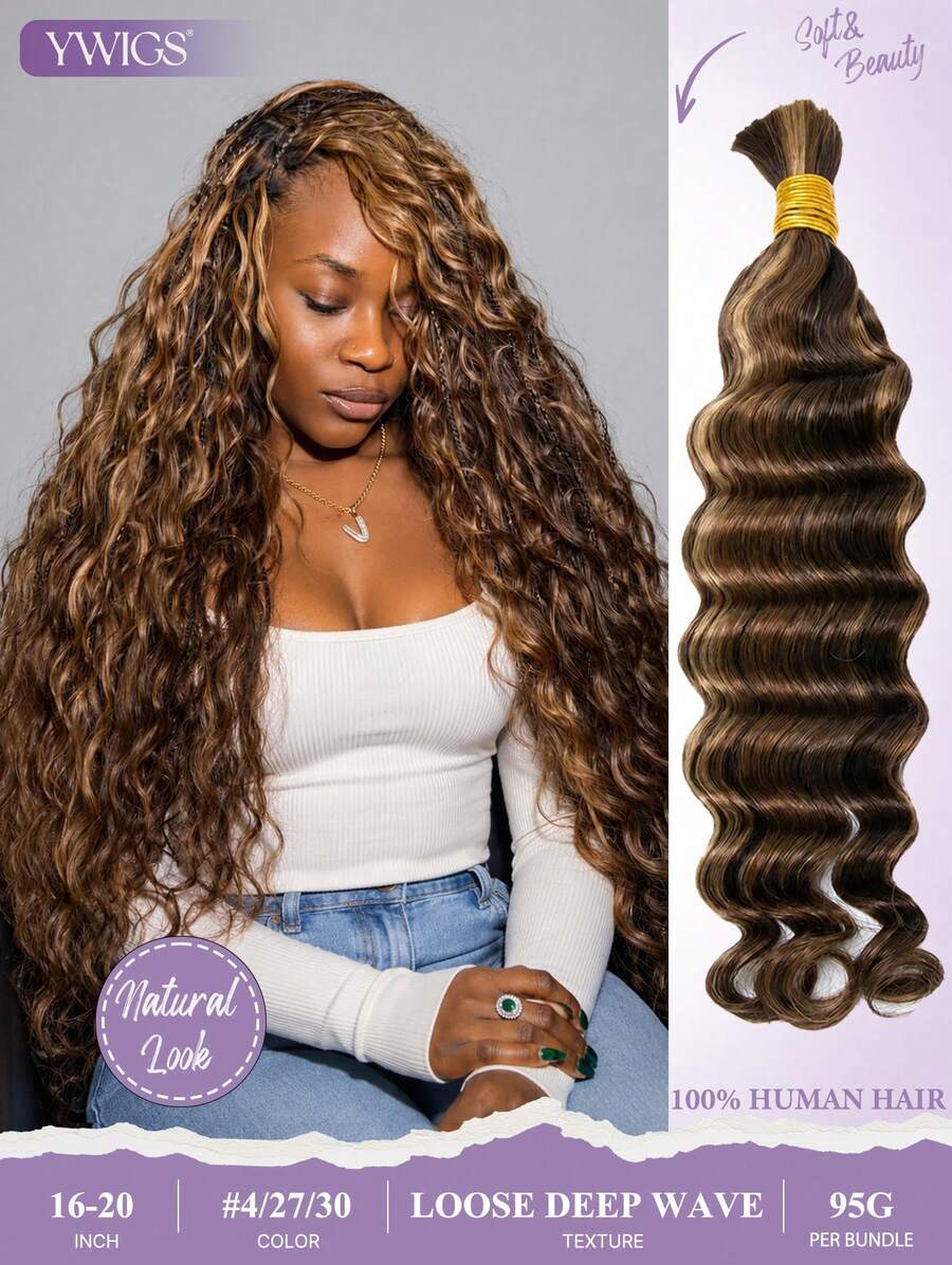 Y WIGS 95g #4/27/30 Bulk Human Hair For Braiding Loose Deep Wave No Weft Human Braiding Hair For Boho Braids 16-20 Inch, Kontless 100% Remy Human Hair Extensions For Miracle Knots Full & Thick Bohemian Braids For Daily, Halloween, Vacation, Holiday, Party