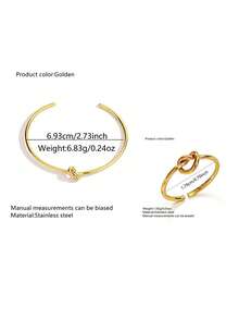 VceTd 1/2PCS Classic Minimalist Style Stainless Steel Women's Open Bangle/Ring Set With Knot Design, Suitable For Women's Daily Wear - Yellow Gold - View 11