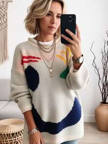Plus Size Women Cream Round Neck Happy Face Graphic Sweater Colorful Smile Pattern Knit Pullover Long Sleeve Soft Warm Top Autumn Winter Cute - Khaki - View 2