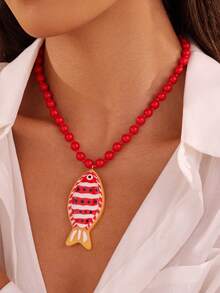 NAIZHU 1/2pcs Fashion Creative Red Crab & Fish Long Necklace, Suitable For Women's Daily, Party, Vacation Accessory - Red - View 3