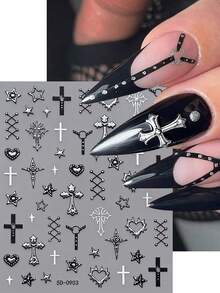 1pc 5D Embossed Black Straps Nail Art Stickers Silver Rivets Crosses Thorns Hearts Dark Nail Decals Circular Strap Star Gothic Manicure Decoration - Multicolor - View 8