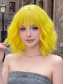 12 Inch Yellow Short Bob Curly Wigs For Women Soft Silky Heat-Resistant Synthetic Fiber Wigs For Daily Or School, Use, Perfect For Holidays Music Festivals Celebrations, Sakura Celebration,Graduation Gift & Gift For Friend' S Wig Accessory - Multicolor - View 1