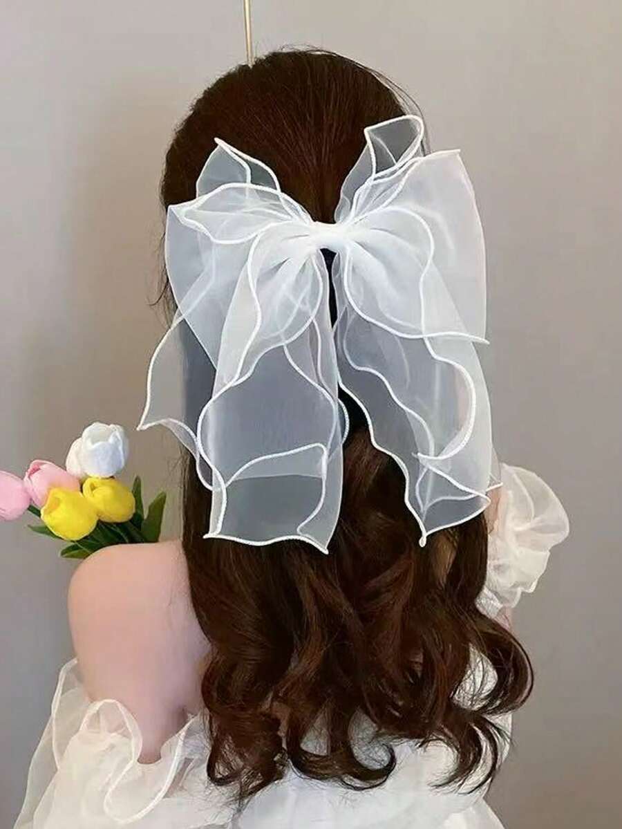 1 buah Jepit Rambut Pita Berumbai Organza - Putih - View 1